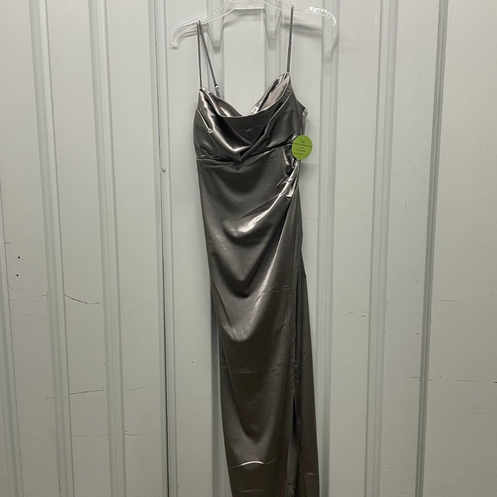 Silver, gun metal, shiny floor length, evening gown